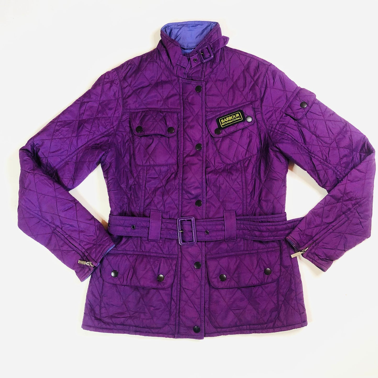 Barbour International Flyweight Purple Quilted Belted Classic Jacket Size UK 8