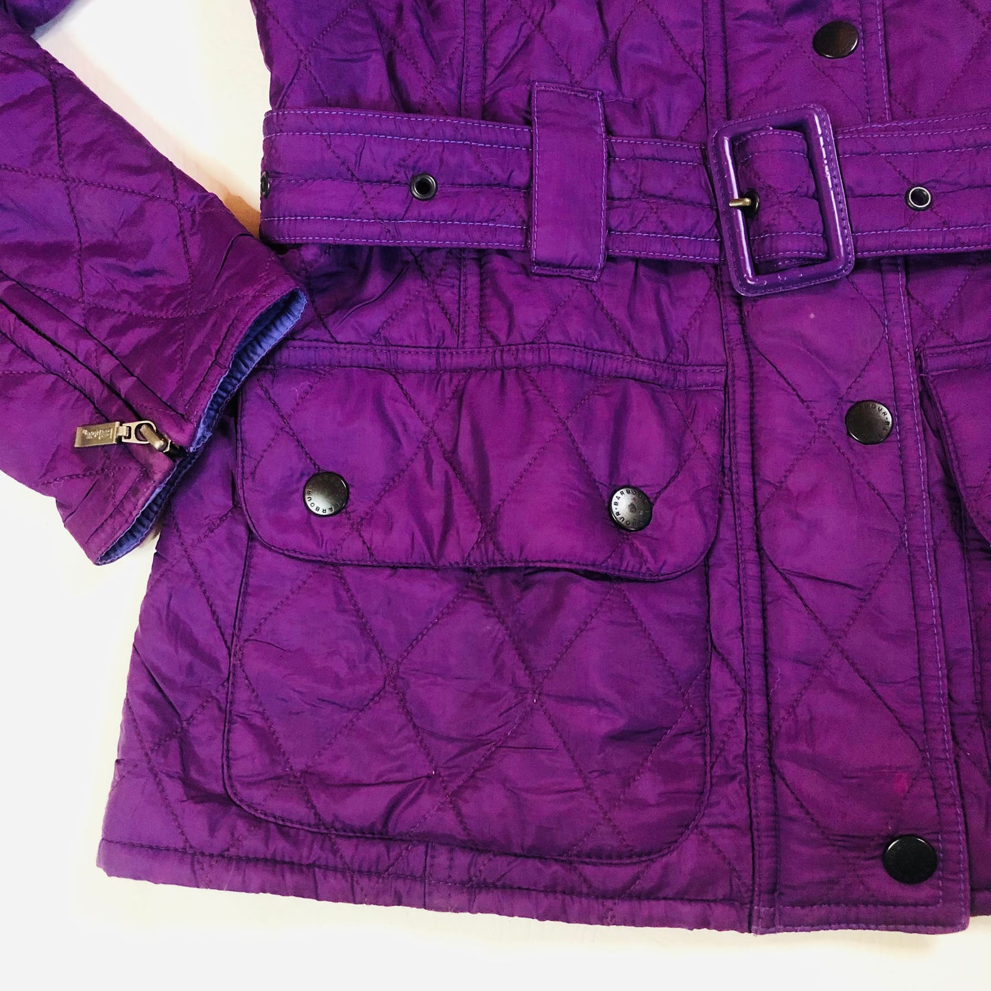Barbour International Flyweight Purple Quilted Belted Classic Jacket Size UK 8