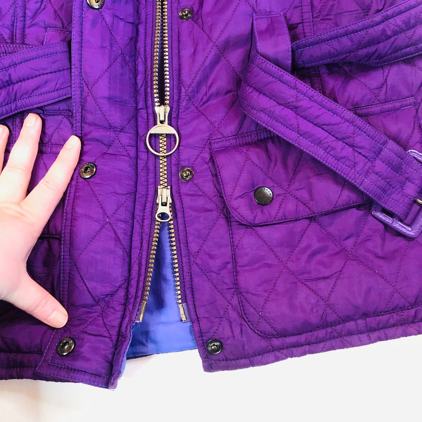 Barbour International Flyweight Purple Quilted Belted Classic Jacket Size UK 8