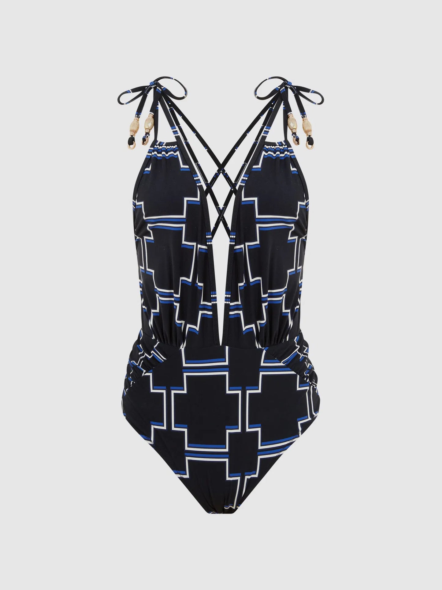 Reiss Amelie Printed Plunge Swimsuit Swimming Costume Black White Navy Size 14 NEW