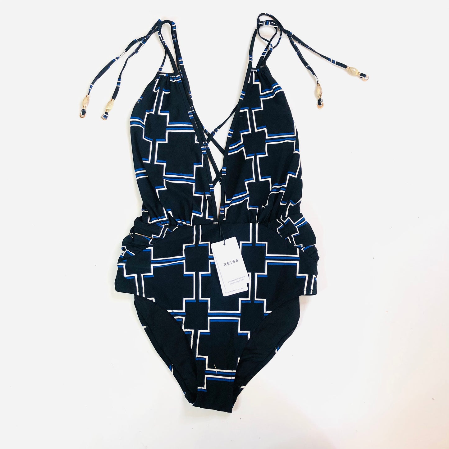 Reiss Amelie Printed Plunge Swimsuit Swimming Costume Black White Navy Size 14 NEW