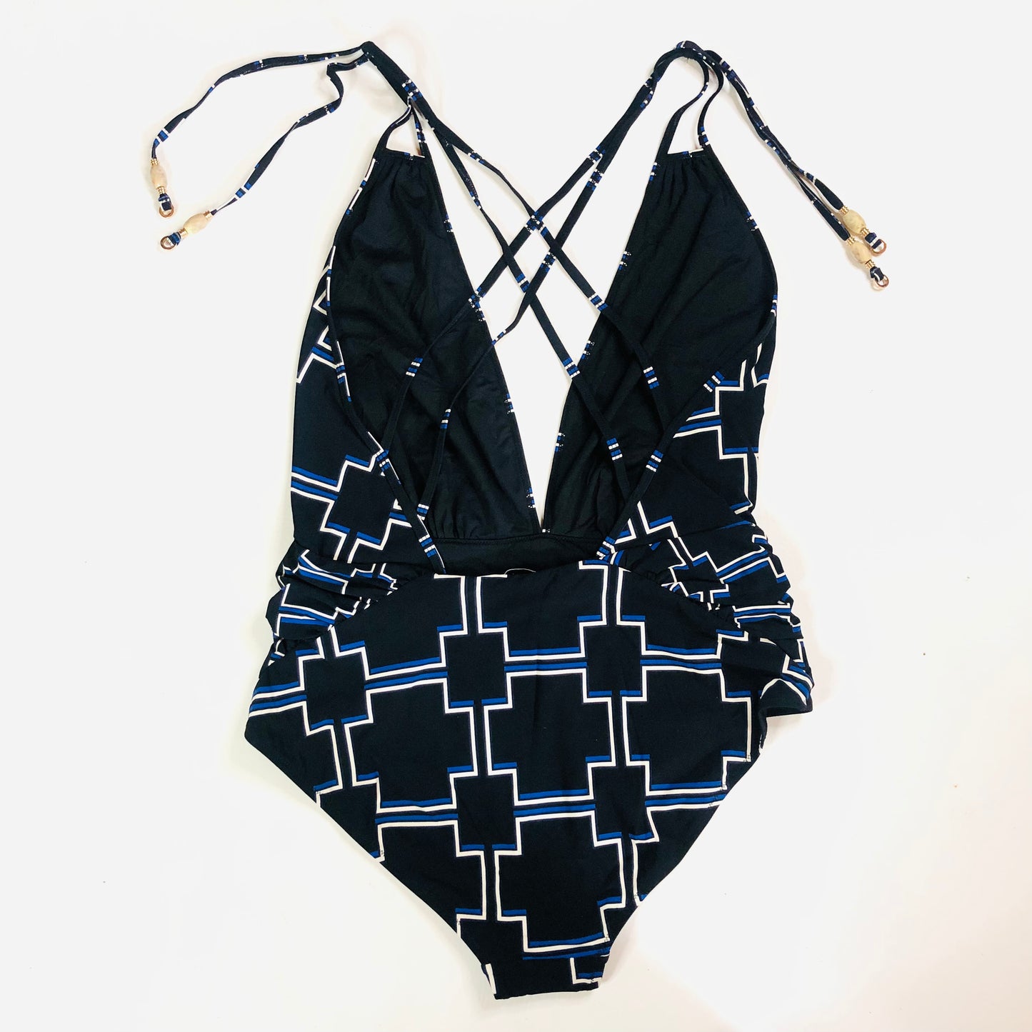 Reiss Amelie Printed Plunge Swimsuit Swimming Costume Black White Navy Size 14 NEW