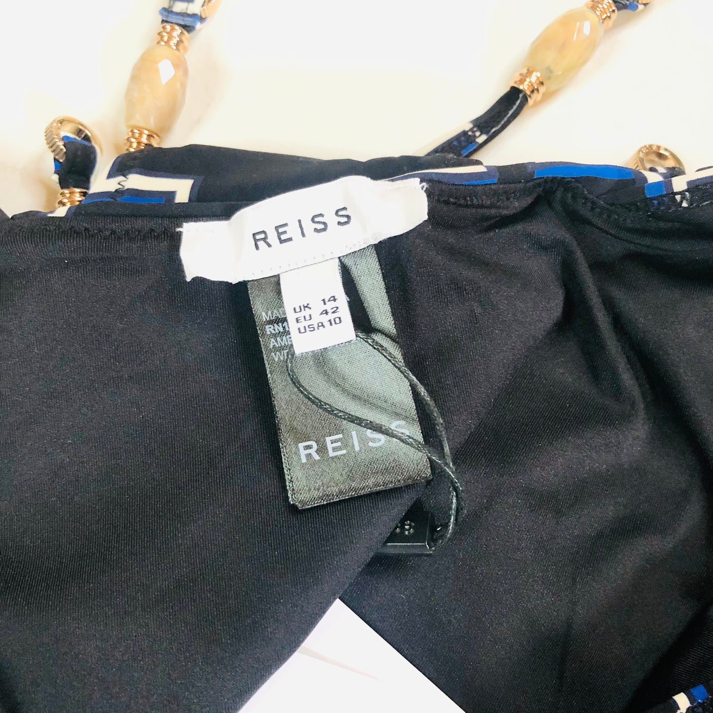 Reiss Amelie Printed Plunge Swimsuit Swimming Costume Black White Navy Size 14 NEW