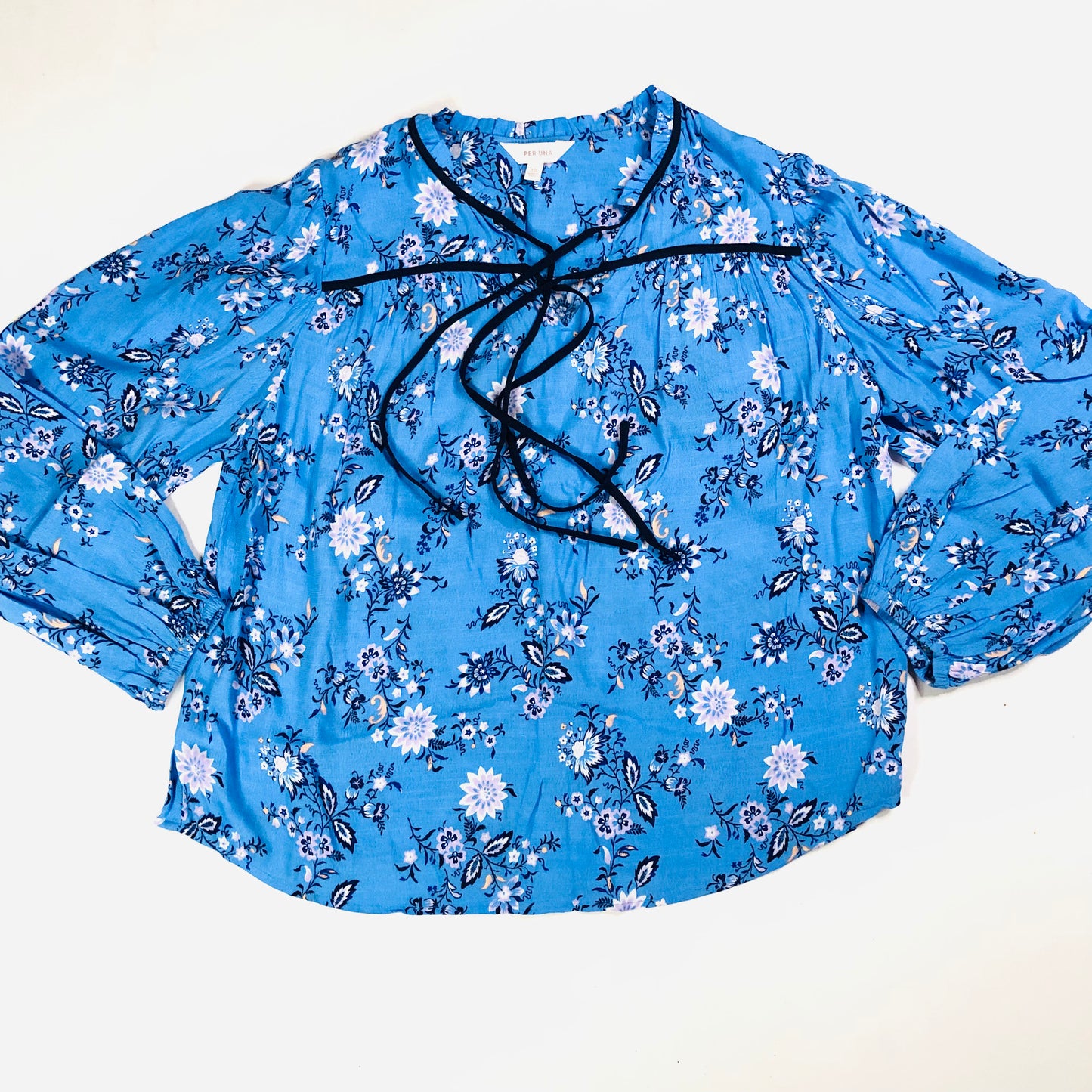 Per Una (M&S) Blue Floral Tie Neck Boho Blouson Sleeve Blouse Size 10