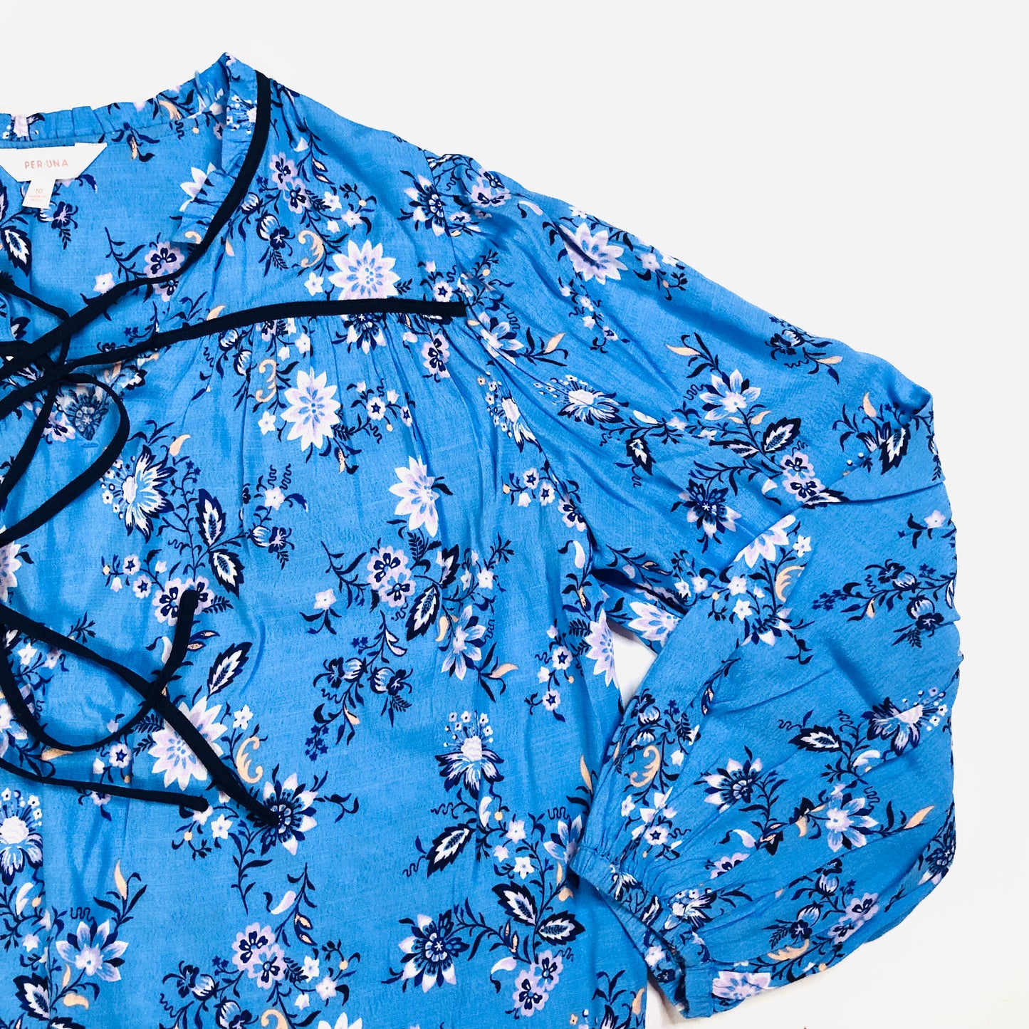 Per Una (M&S) Blue Floral Tie Neck Boho Blouson Sleeve Blouse Size 10