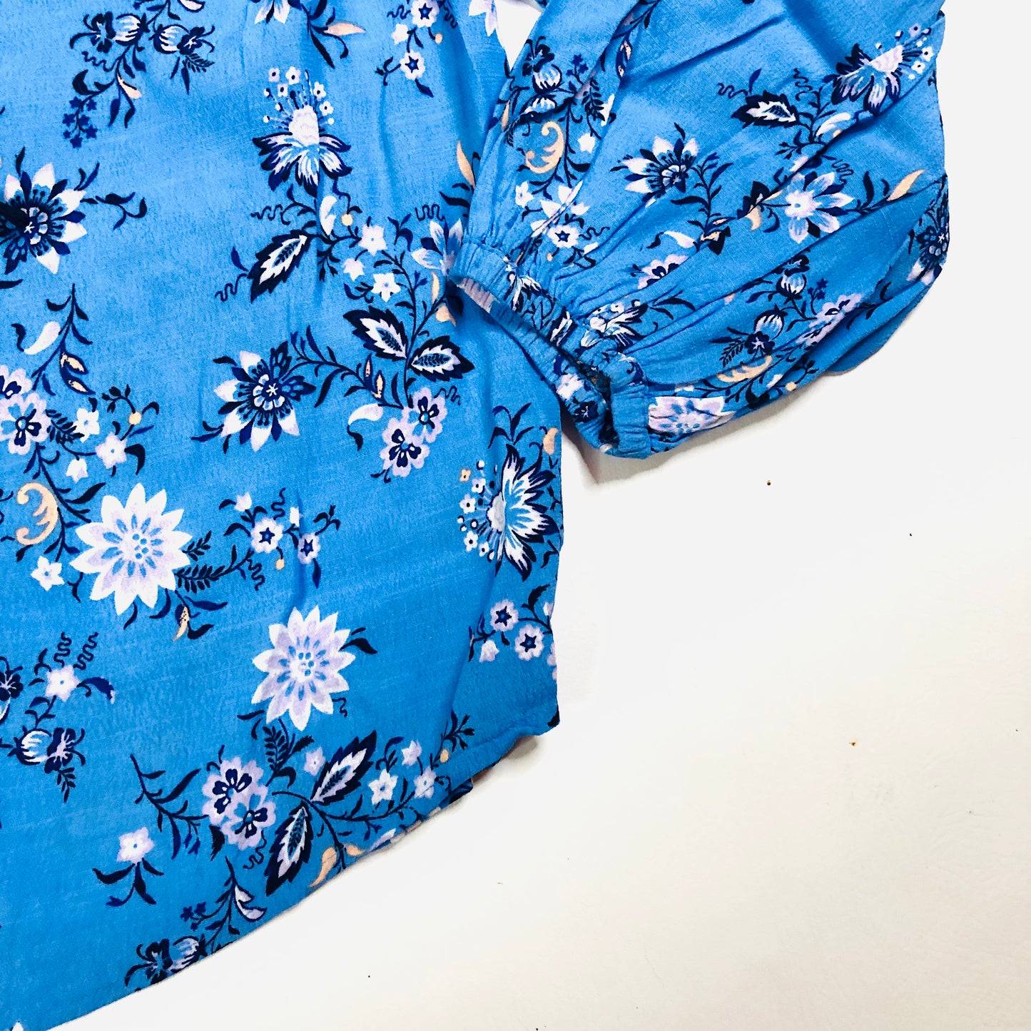 Per Una (M&S) Blue Floral Tie Neck Boho Blouson Sleeve Blouse Size 10