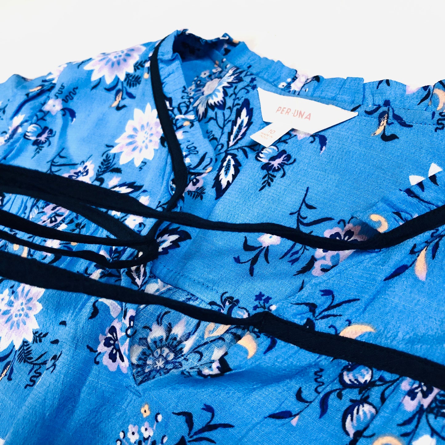 Per Una (M&S) Blue Floral Tie Neck Boho Blouson Sleeve Blouse Size 10