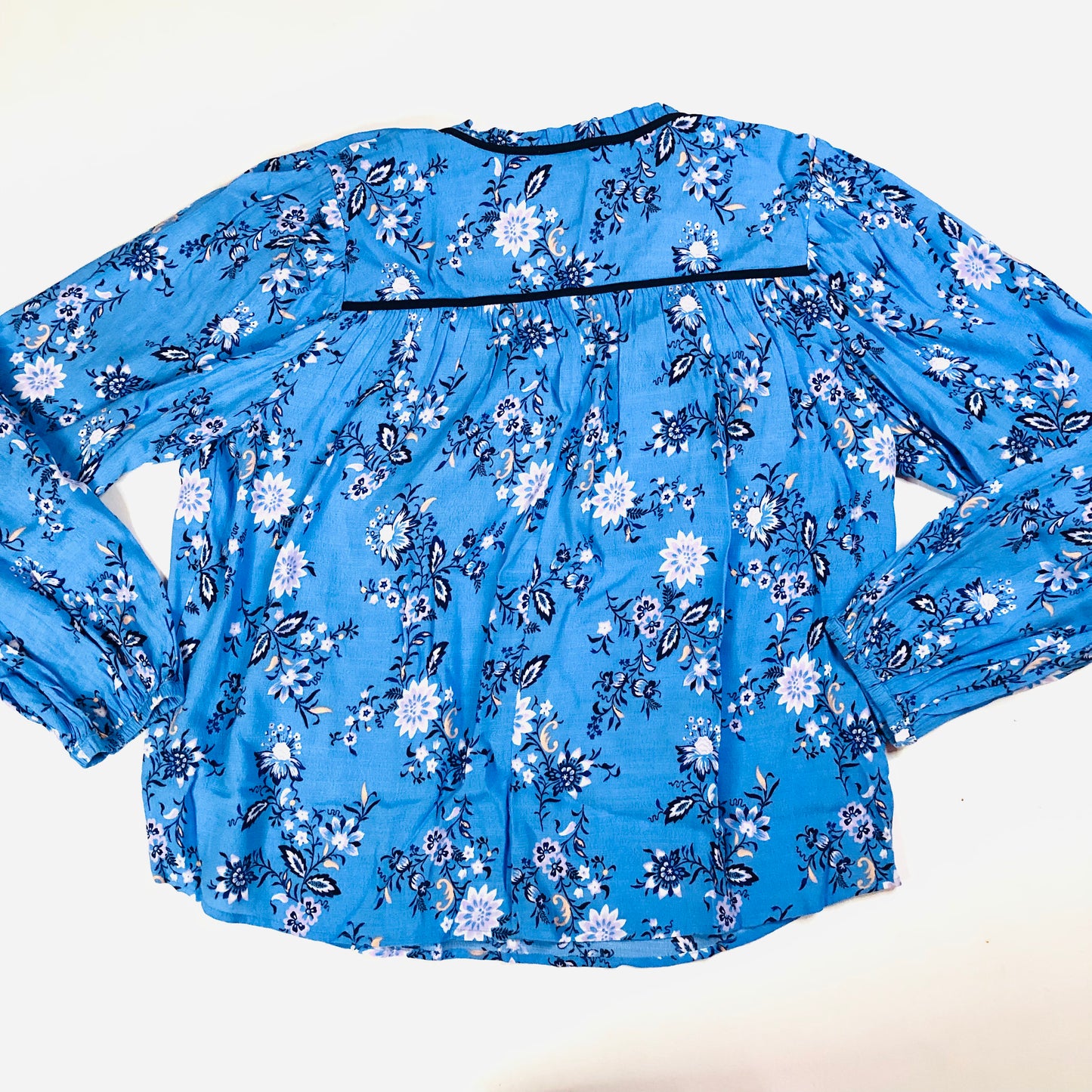 Per Una (M&S) Blue Floral Tie Neck Boho Blouson Sleeve Blouse Size 10