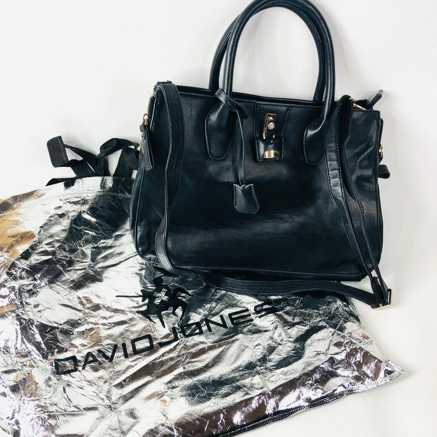 David Jones Black Faux Leather Satchel Handbag Tote Padlock Detail & Long Strap