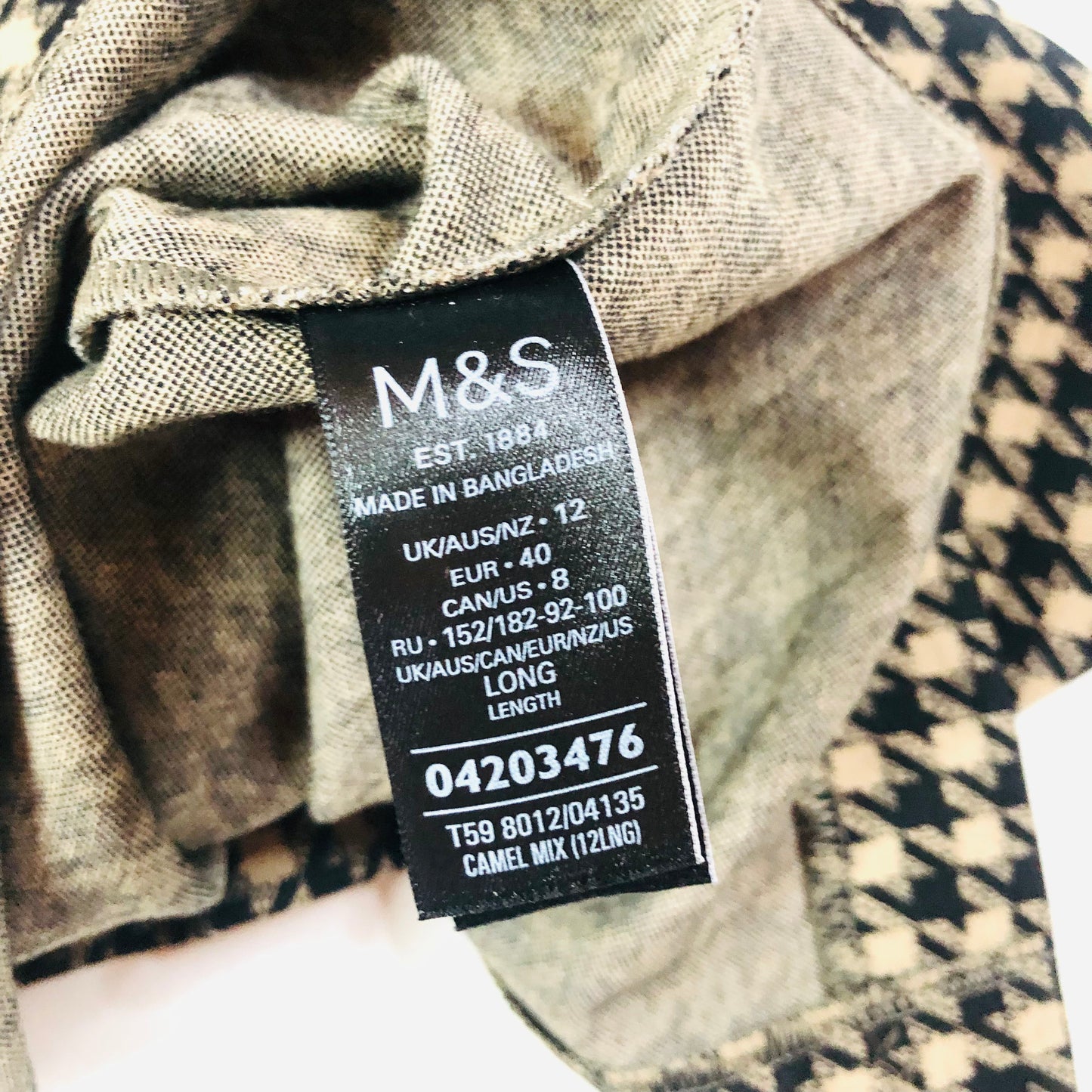 Marks & Spencer Camel & Black Houndstooth Midi Stretch Pencil Skirt Size 12 Long