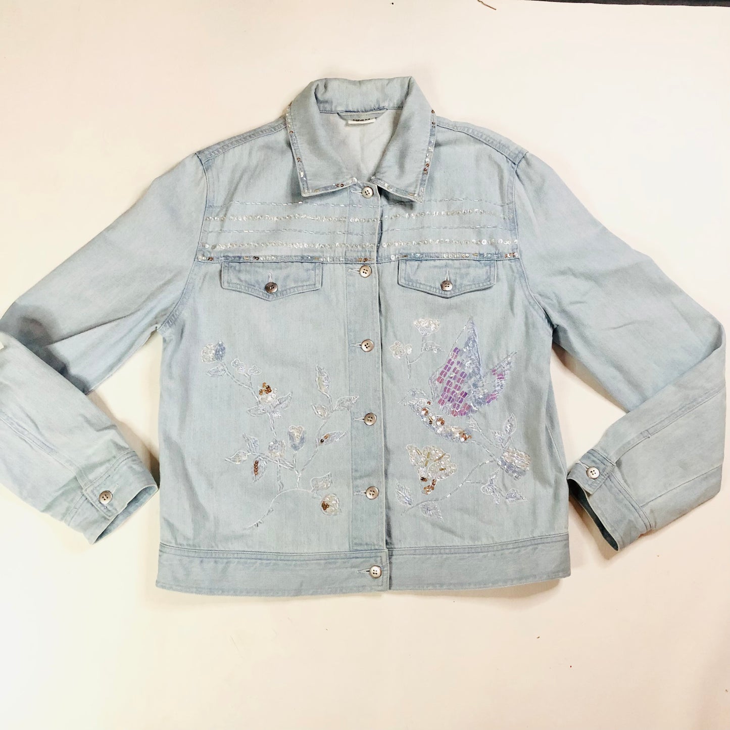 Together Y2K Light Wash Embellished Denim Jacket Beaded Butterfly Detail Size 12
