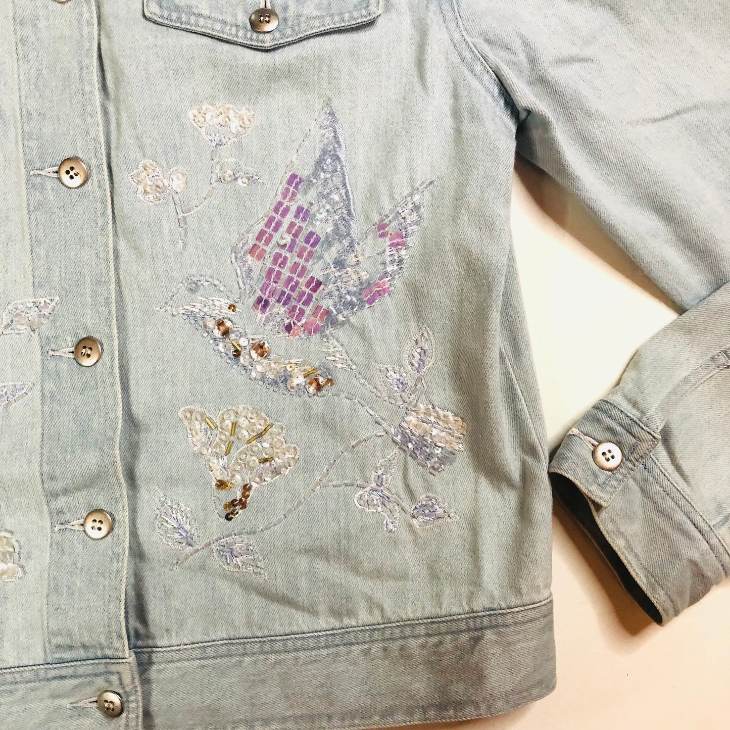 Together Y2K Light Wash Embellished Denim Jacket Beaded Butterfly Detail Size 12
