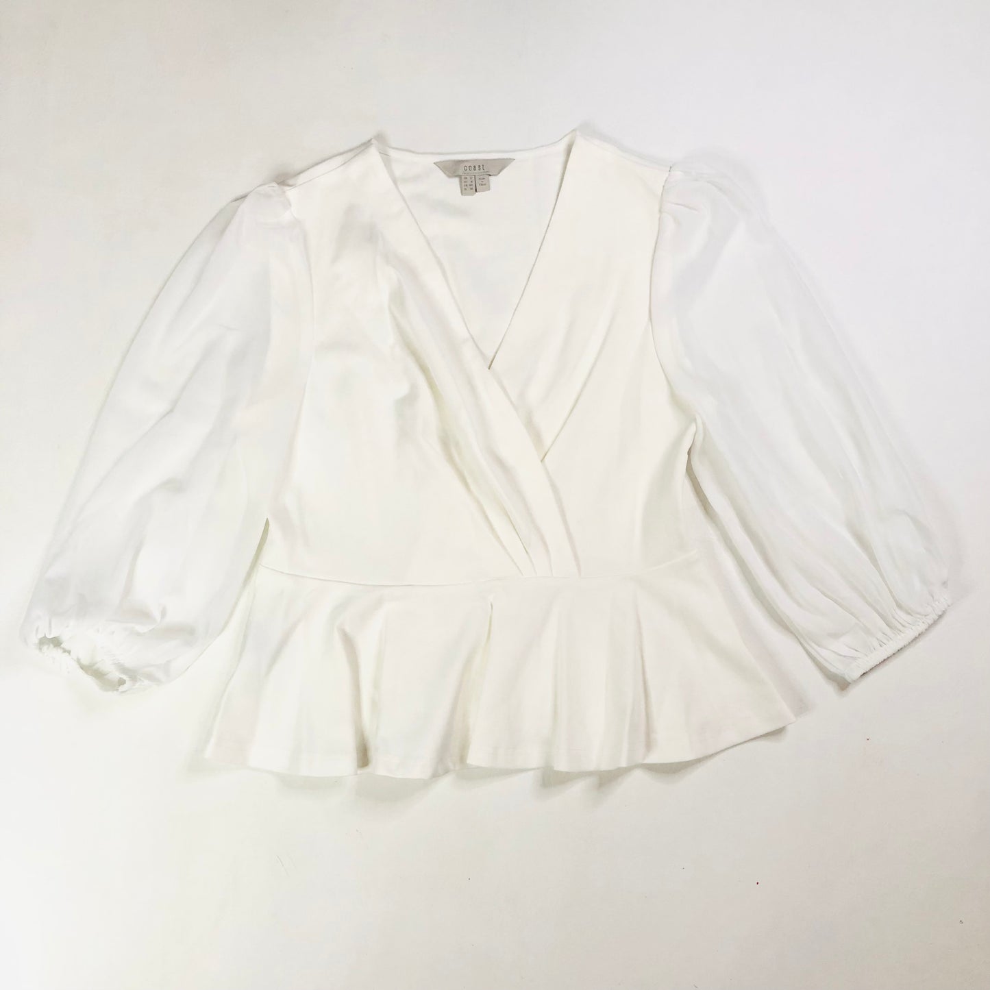 Coast Ivory White Peplum Blouse Top With Sheer Chiffon Balloon Sleeve Size 12