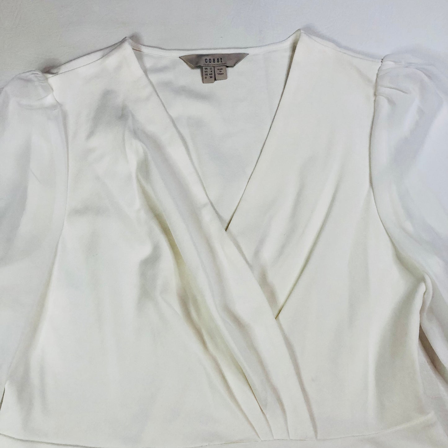 Coast Ivory White Peplum Blouse Top With Sheer Chiffon Balloon Sleeve Size 12