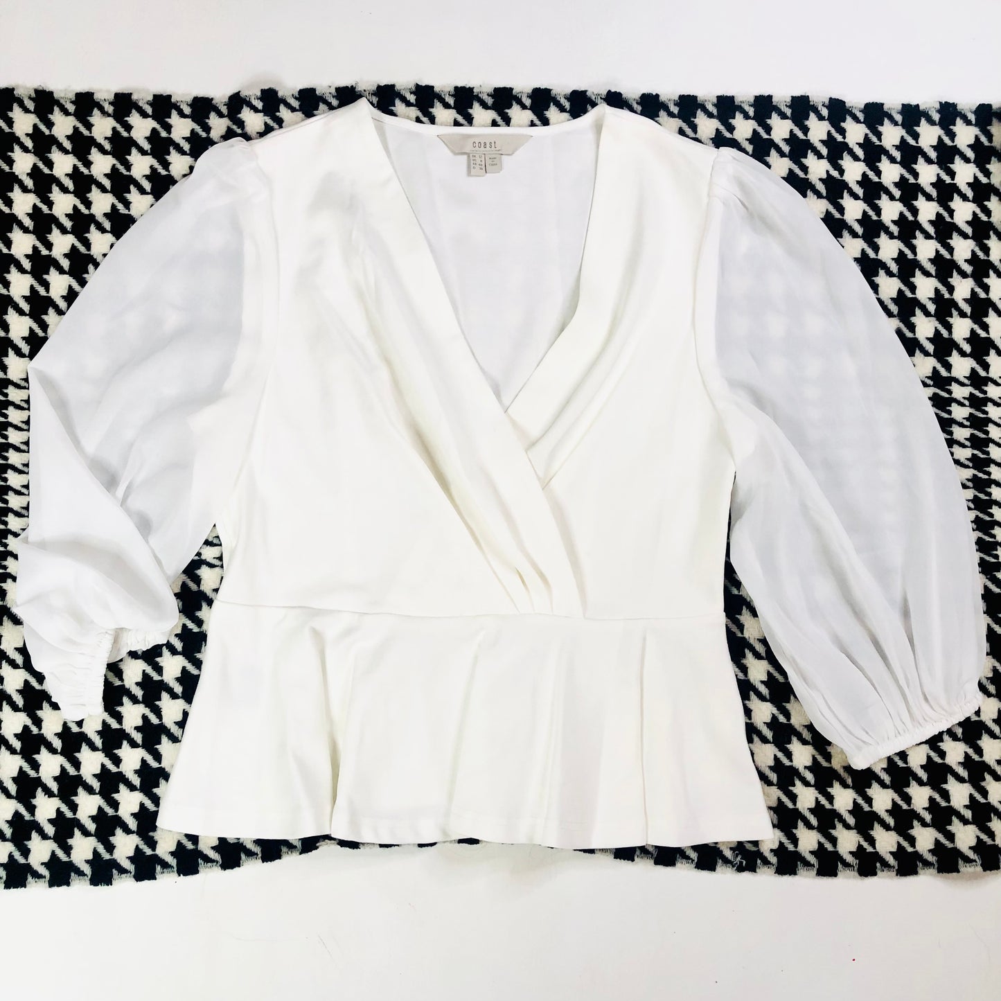Coast Ivory White Peplum Blouse Top With Sheer Chiffon Balloon Sleeve Size 12