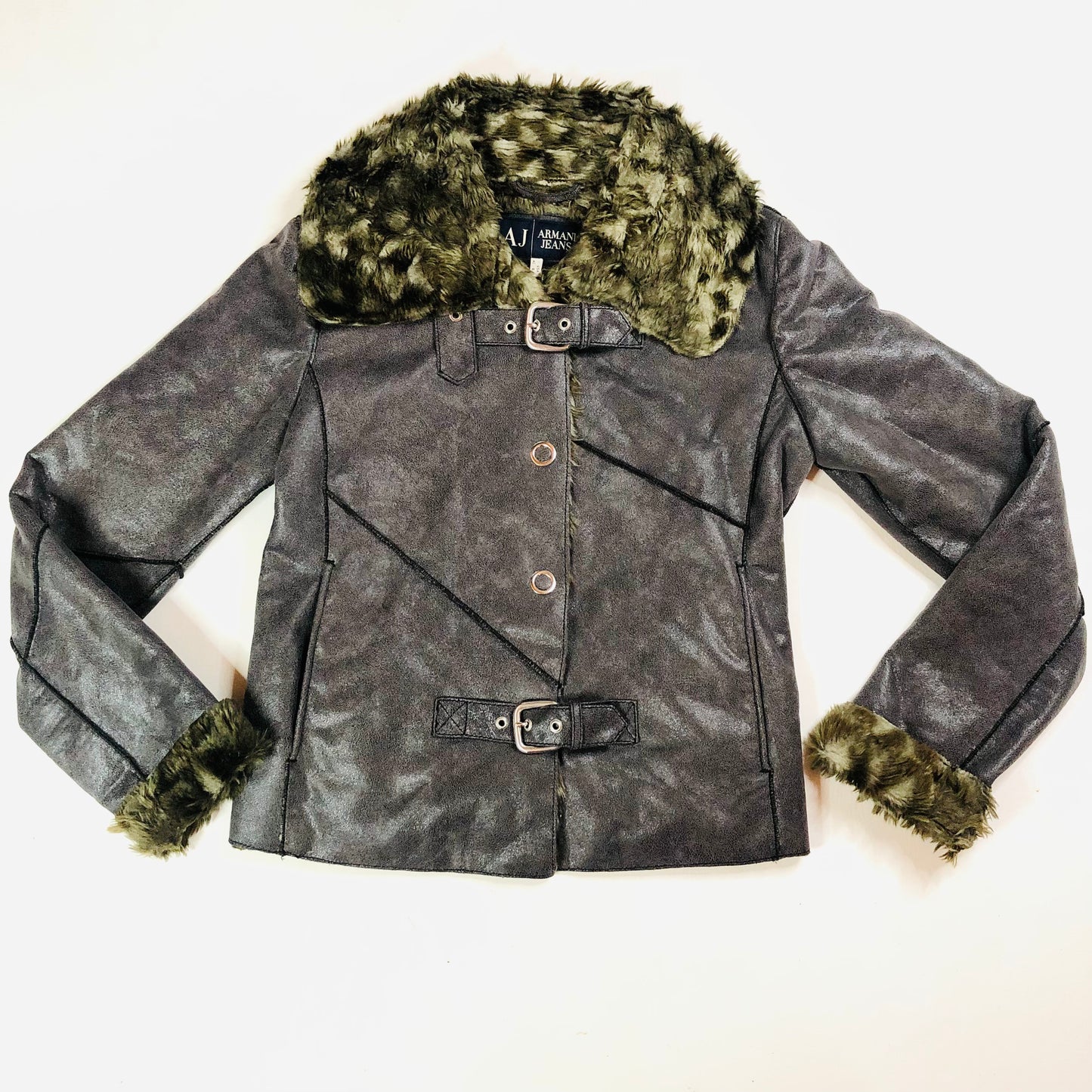 Armani Jeans Faux Fur/Leather Brown/Grey Biker Jacket Sherpa Style USA 8 (UK 12)