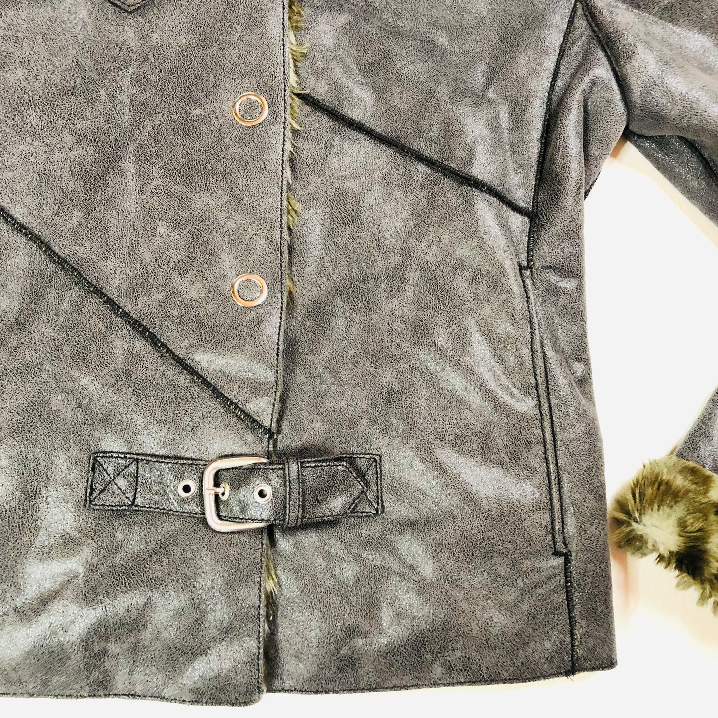 Armani Jeans Faux Fur/Leather Brown/Grey Biker Jacket Sherpa Style USA 8 (UK 12)