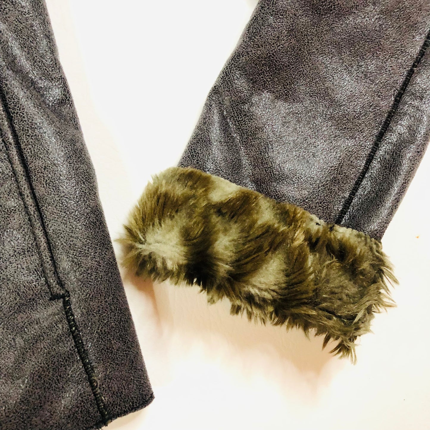 Armani Jeans Faux Fur/Leather Brown/Grey Biker Jacket Sherpa Style USA 8 (UK 12)