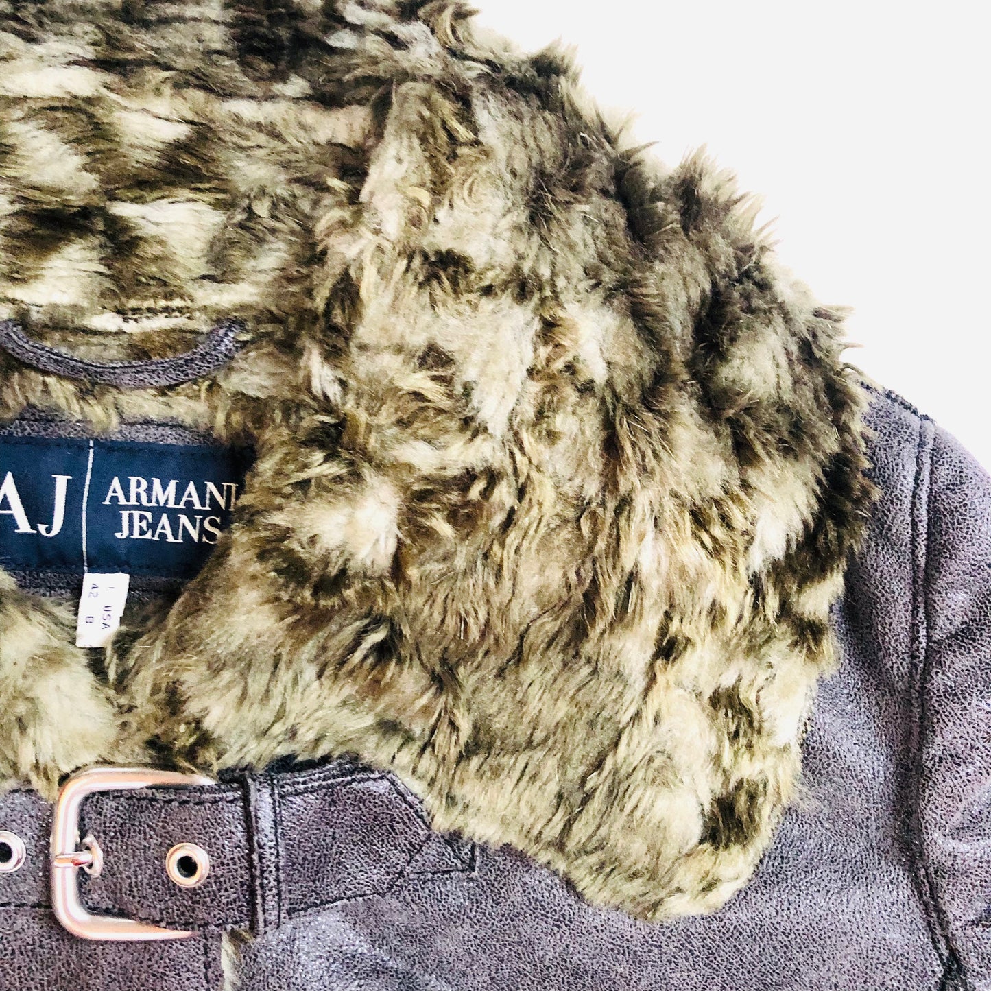 Armani Jeans Faux Fur/Leather Brown/Grey Biker Jacket Sherpa Style USA 8 (UK 12)