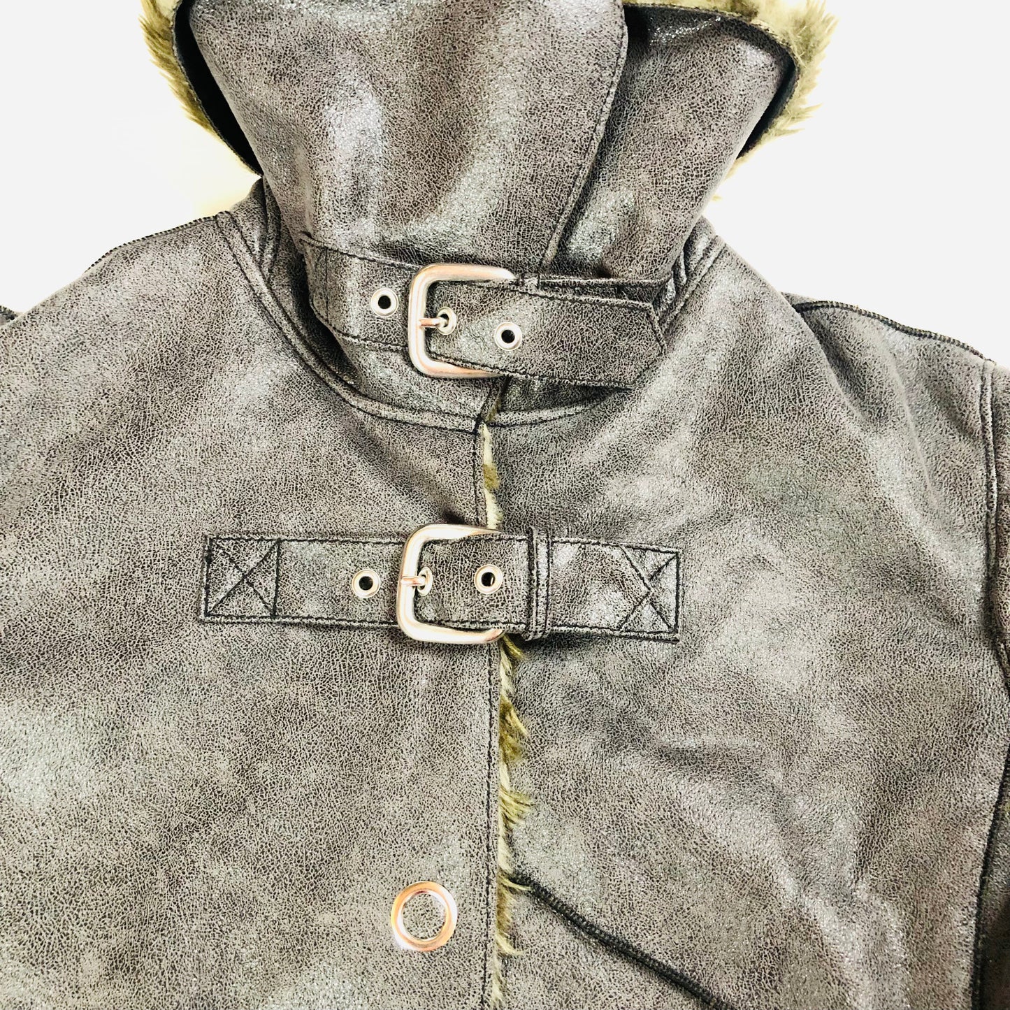 Armani Jeans Faux Fur/Leather Brown/Grey Biker Jacket Sherpa Style USA 8 (UK 12)