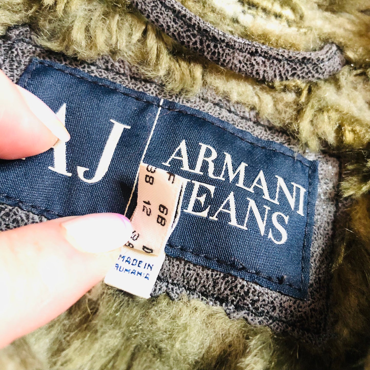 Armani Jeans Faux Fur/Leather Brown/Grey Biker Jacket Sherpa Style USA 8 (UK 12)