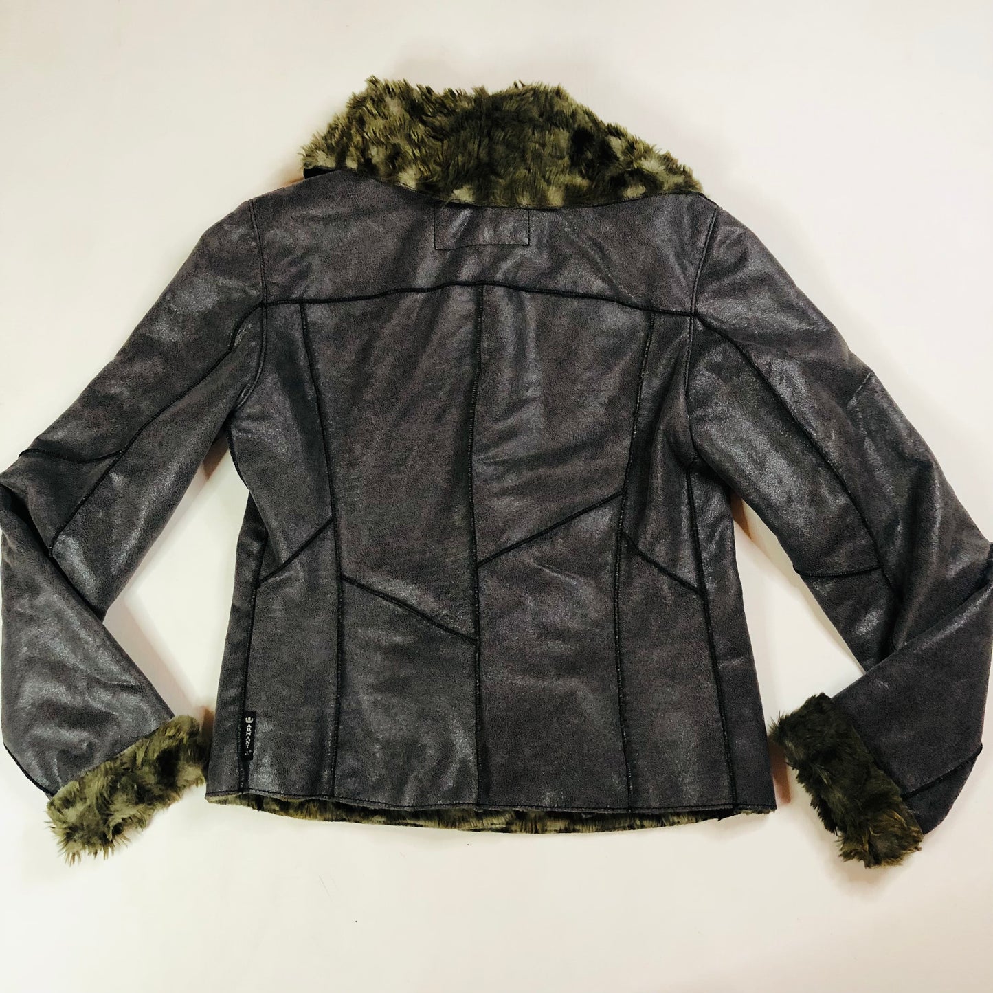 Armani Jeans Faux Fur/Leather Brown/Grey Biker Jacket Sherpa Style USA 8 (UK 12)