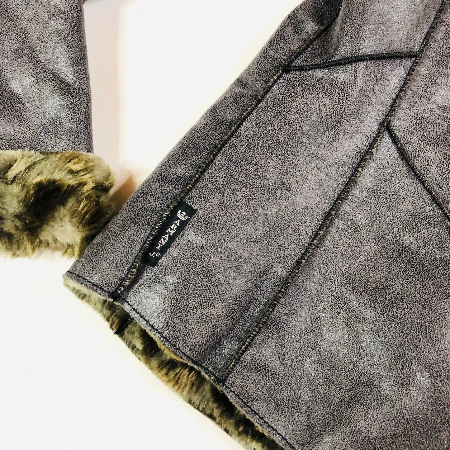 Armani Jeans Faux Fur/Leather Brown/Grey Biker Jacket Sherpa Style USA 8 (UK 12)