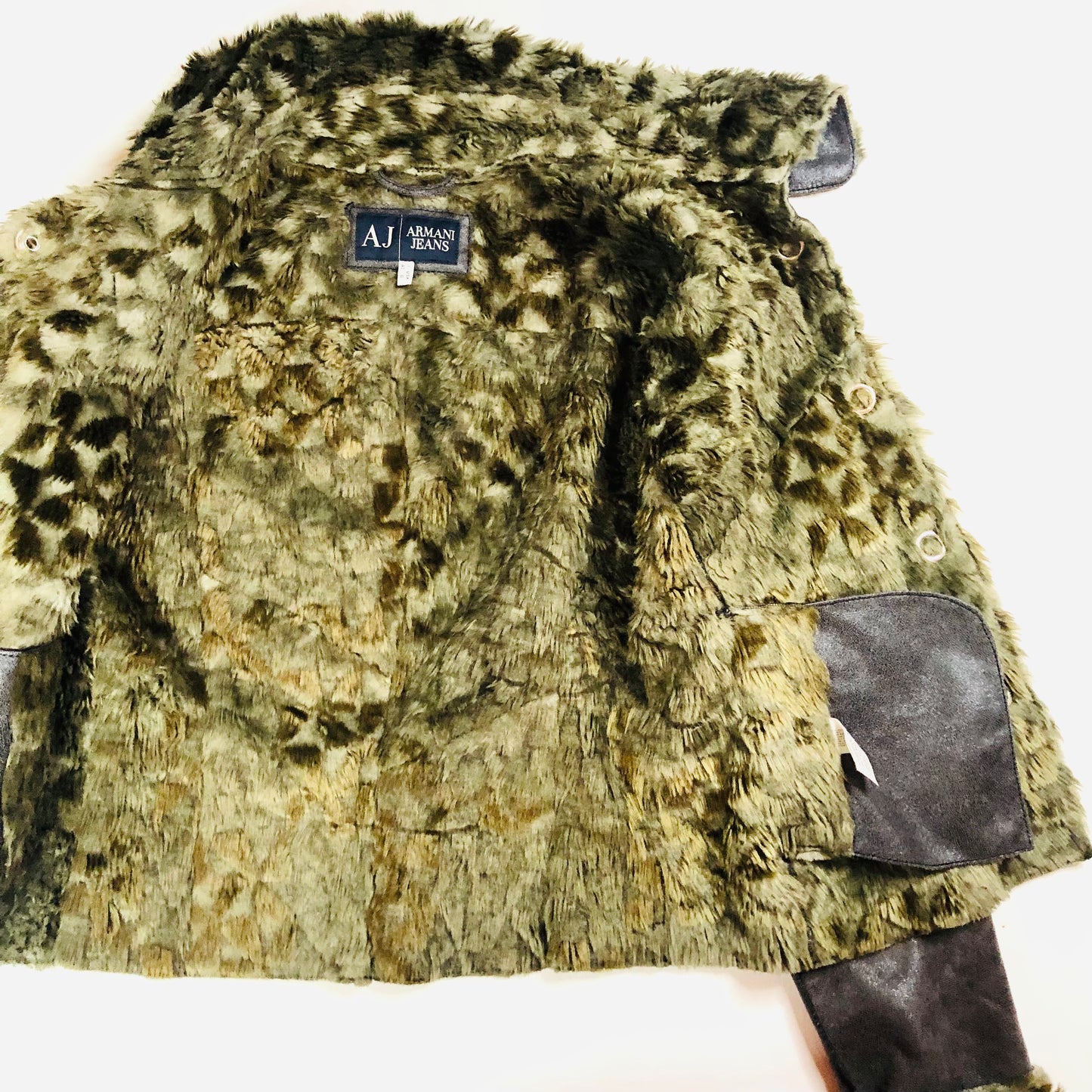 Armani Jeans Faux Fur/Leather Brown/Grey Biker Jacket Sherpa Style USA 8 (UK 12)
