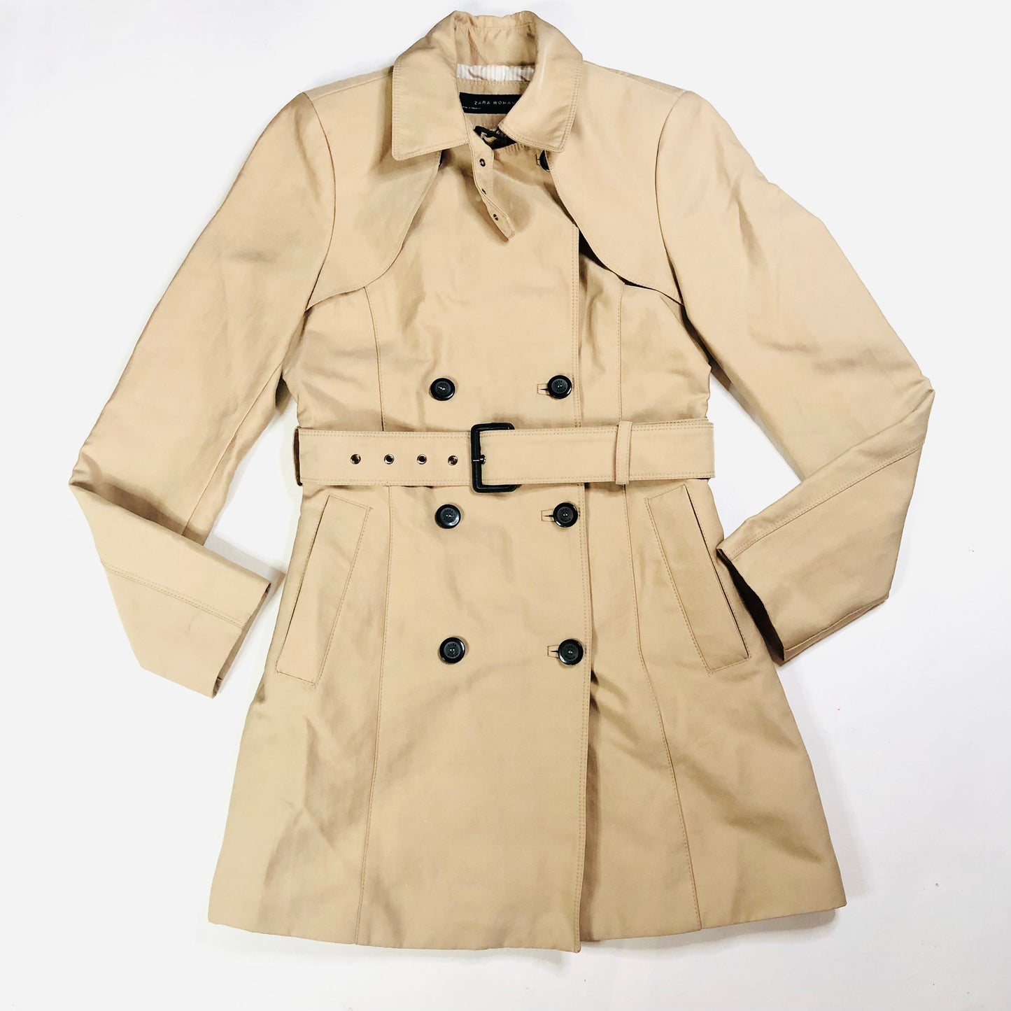 Zara Beige Trench Coat Belted Button Up Double Breasted Mid Length Size Small