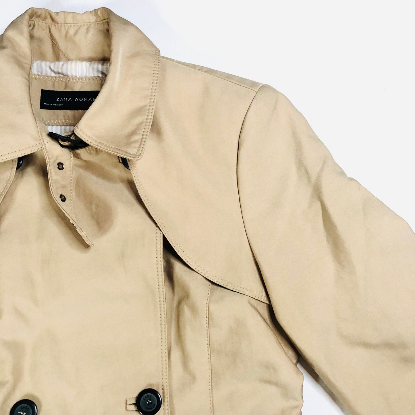 Zara Beige Trench Coat Belted Button Up Double Breasted Mid Length Size Small