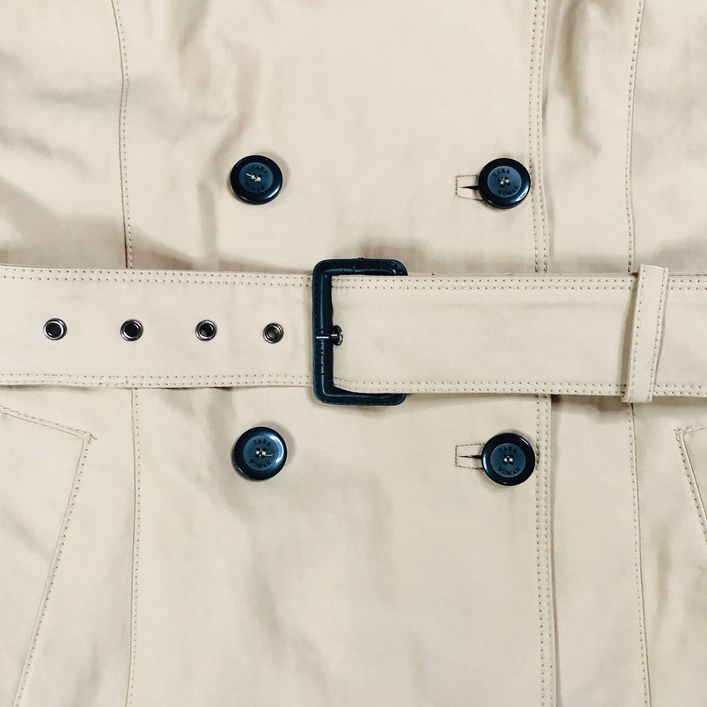 Zara Beige Trench Coat Belted Button Up Double Breasted Mid Length Size Small