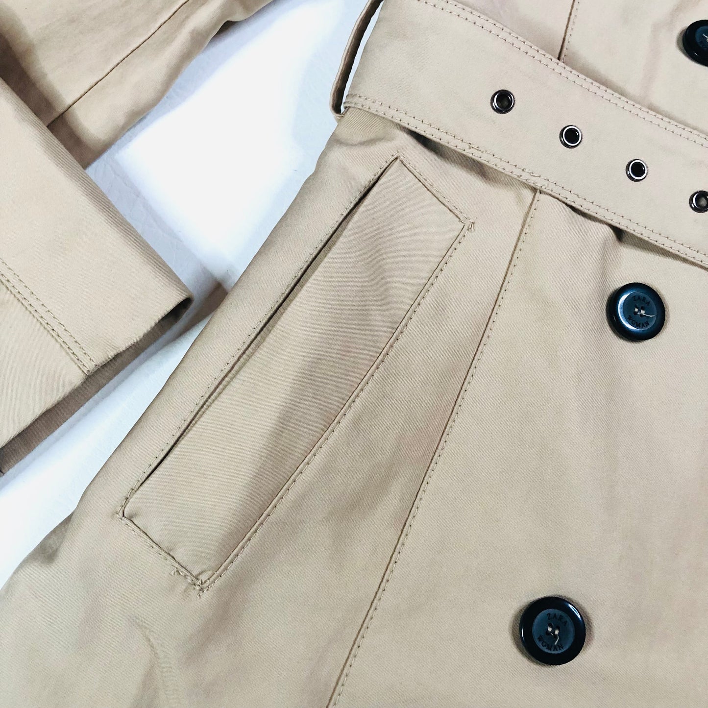 Zara Beige Trench Coat Belted Button Up Double Breasted Mid Length Size Small