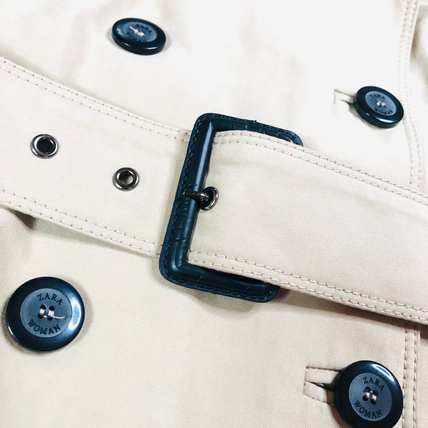 Zara Beige Trench Coat Belted Button Up Double Breasted Mid Length Size Small