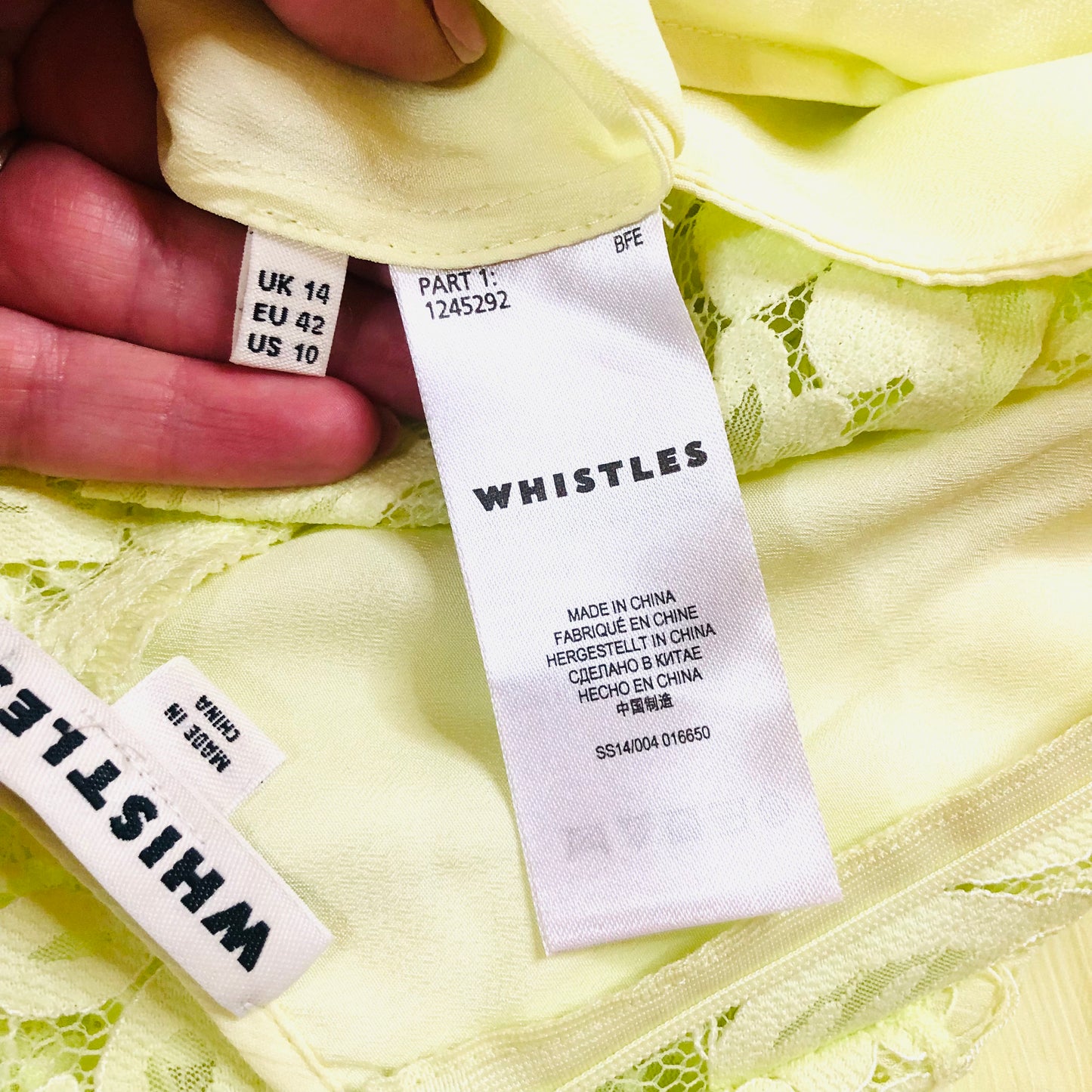 Whistles Iris Light Yellow Lace Pleated Summer Chiffon Midi Tea Dress Size Uk 14