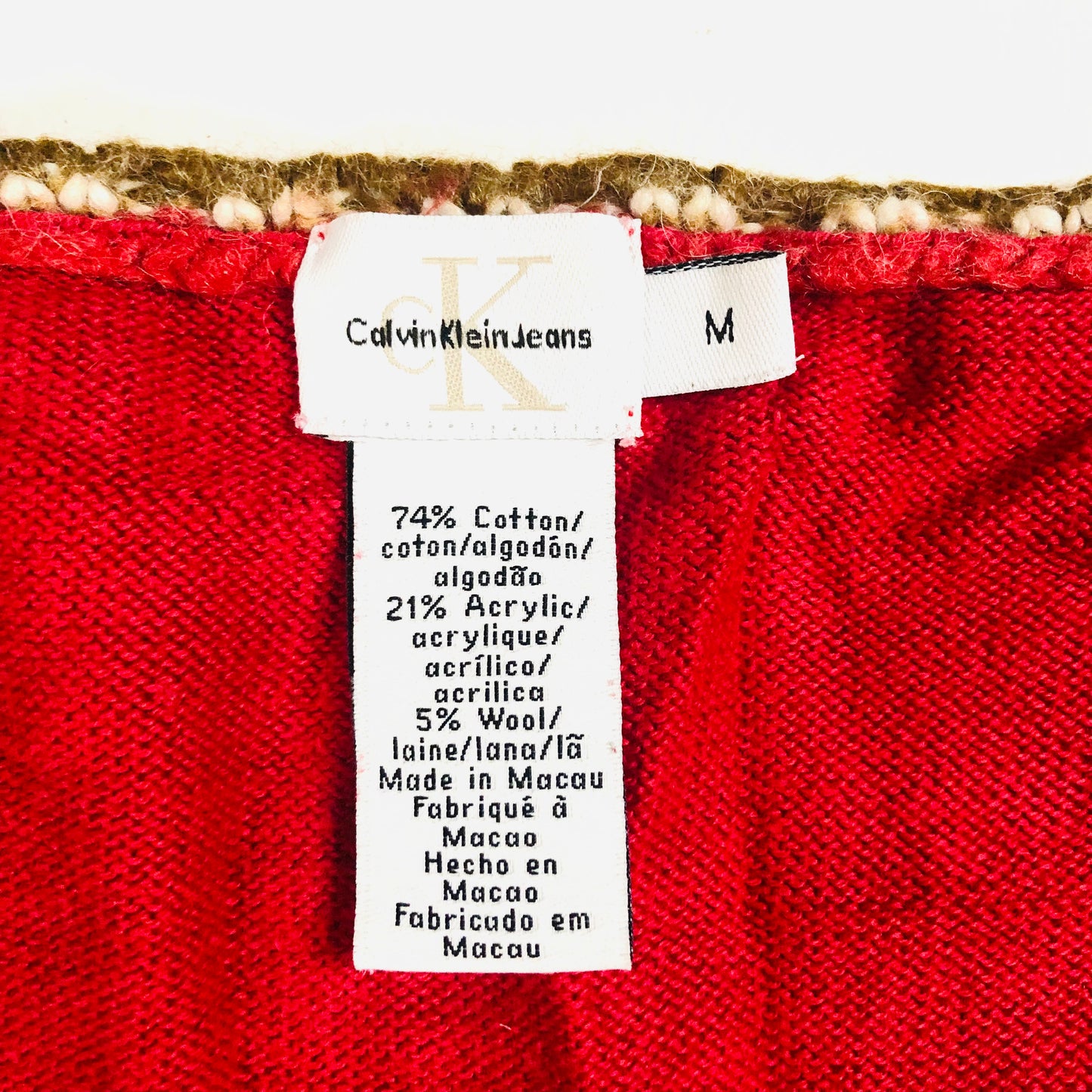 Calvin Klein Jeans Red Knit Y2K Long Striped Sleeve Top Jumper Size Medium (10)