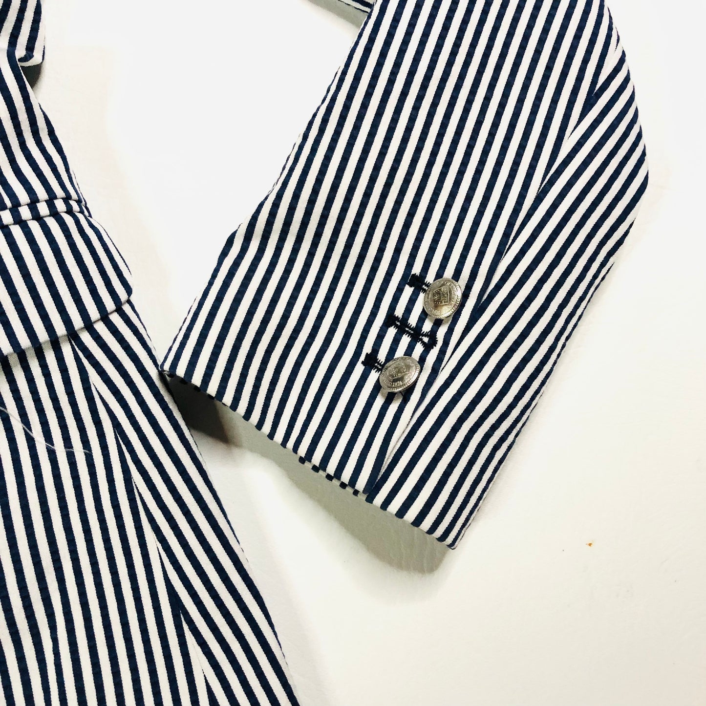 Vilagallo Designer Navy Blue & White Striped Summer Blazer Jacket Size 40 (12)