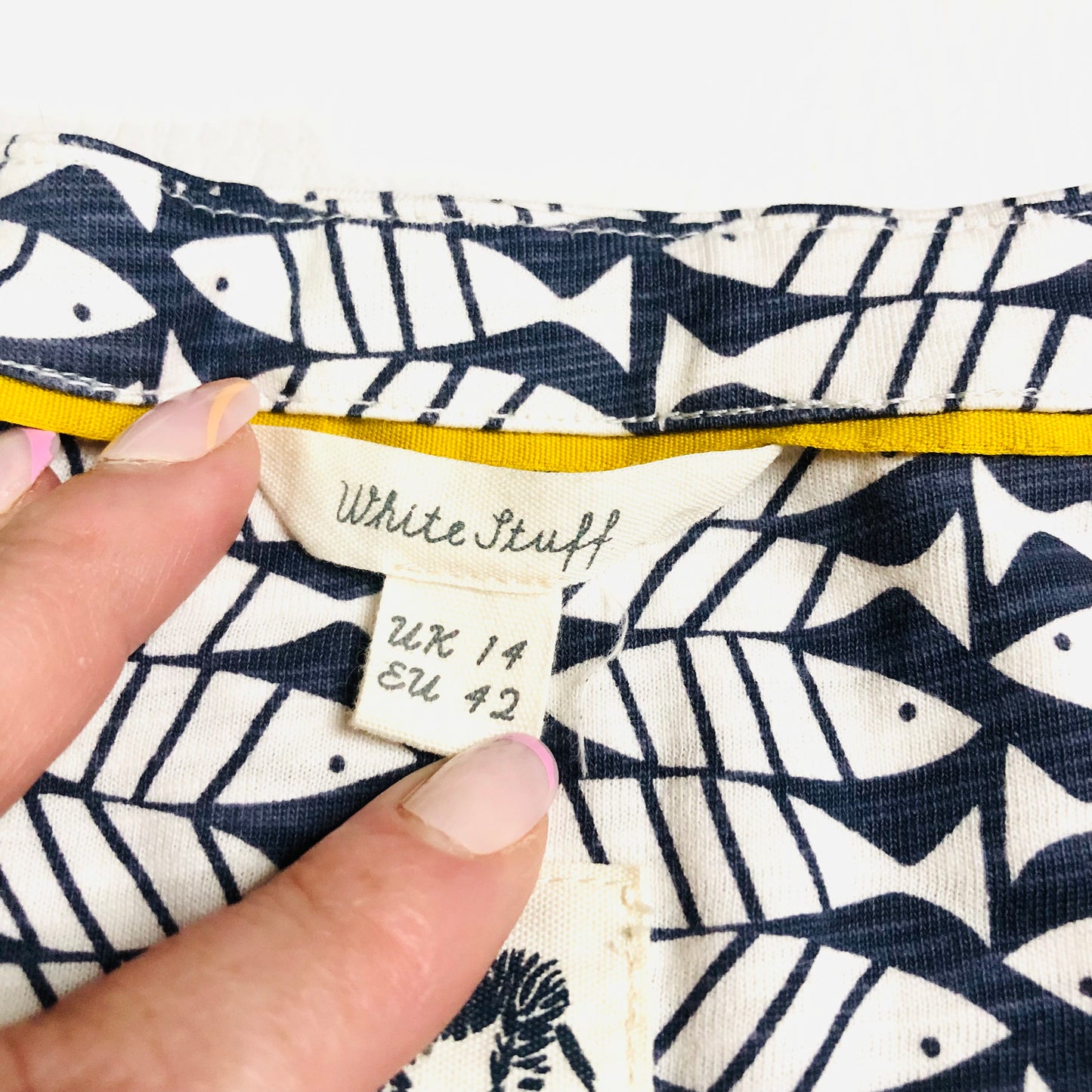 White Stuff Navy Blue & White Fish Print Pippi Summer Mini Dress Tunic Size 14