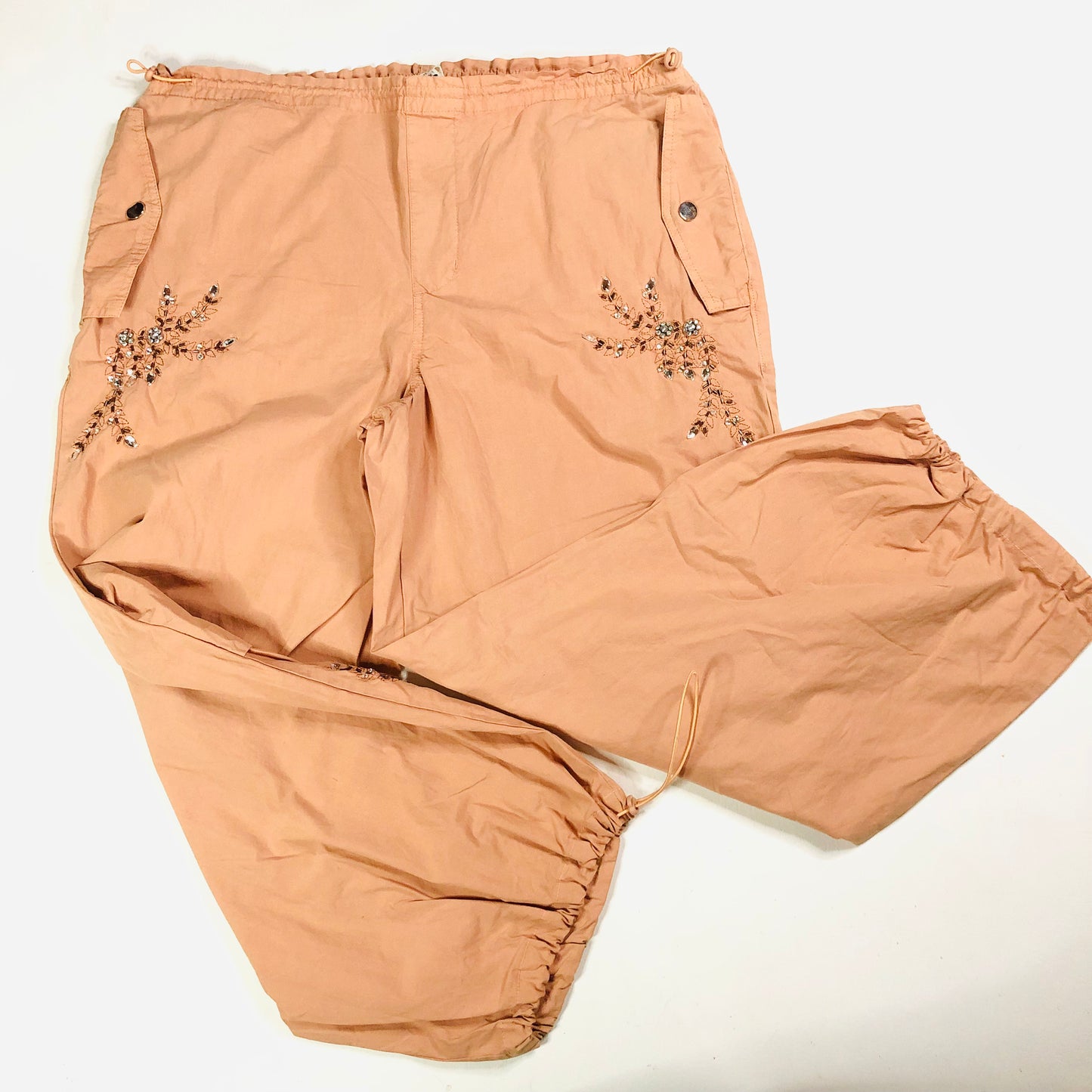 In Other Words (River Island) Pale Orange Floral Beaded Baggy Cargo Utility Parachute Pants Size 10