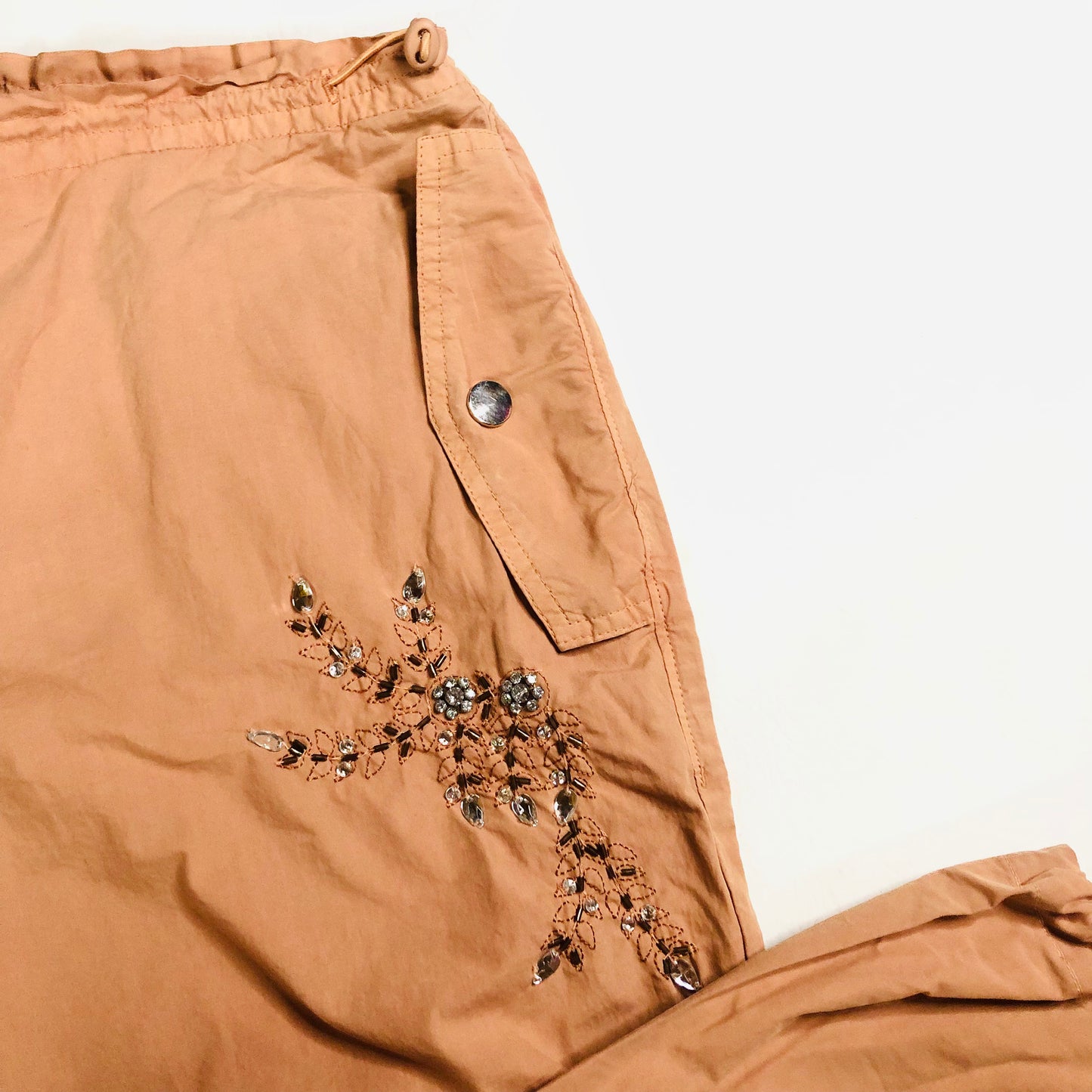 In Other Words (River Island) Pale Orange Floral Beaded Baggy Cargo Utility Parachute Pants Size 10