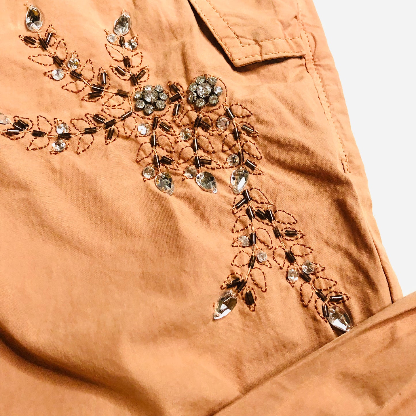 In Other Words (River Island) Pale Orange Floral Beaded Baggy Cargo Utility Parachute Pants Size 10