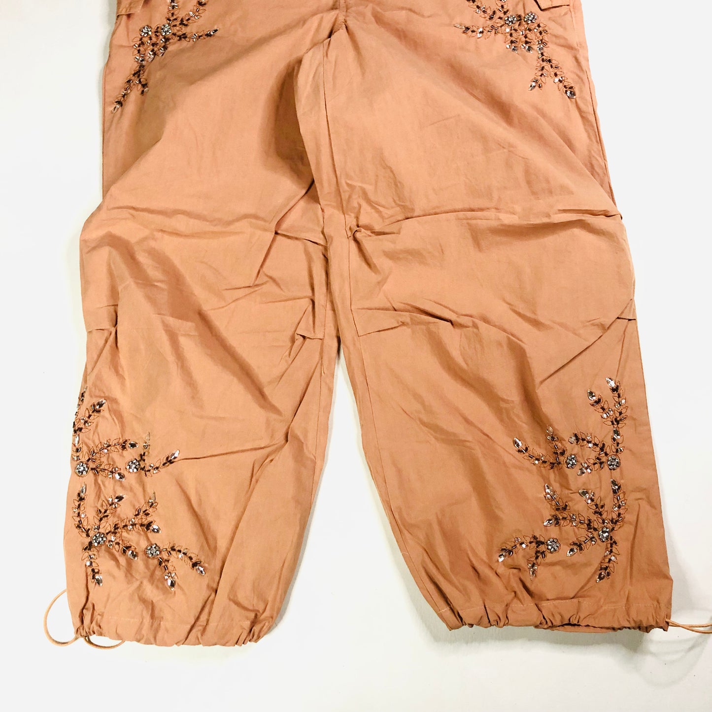 In Other Words (River Island) Pale Orange Floral Beaded Baggy Cargo Utility Parachute Pants Size 10