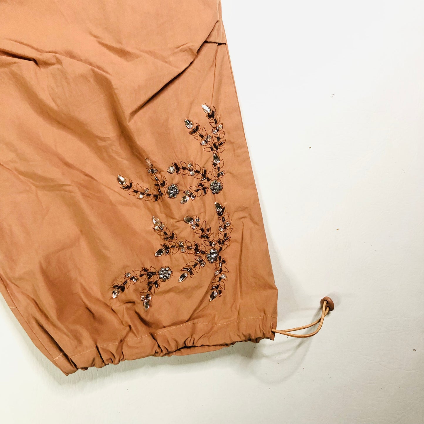 In Other Words (River Island) Pale Orange Floral Beaded Baggy Cargo Utility Parachute Pants Size 10