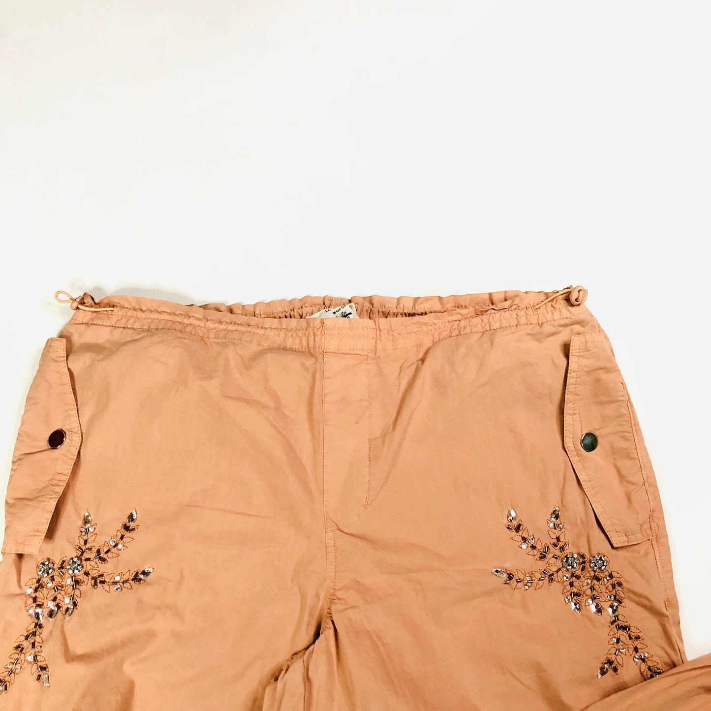 In Other Words (River Island) Pale Orange Floral Beaded Baggy Cargo Utility Parachute Pants Size 10