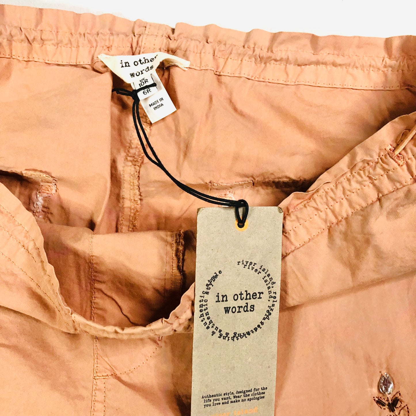 In Other Words (River Island) Pale Orange Floral Beaded Baggy Cargo Utility Parachute Pants Size 10