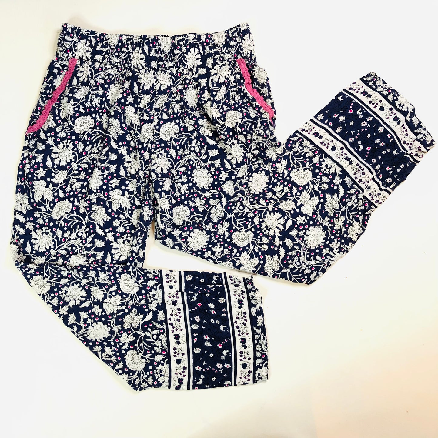 Joe Browns Navy Blue White Floral Casual Lightweight Summer Trousers Size 12/14