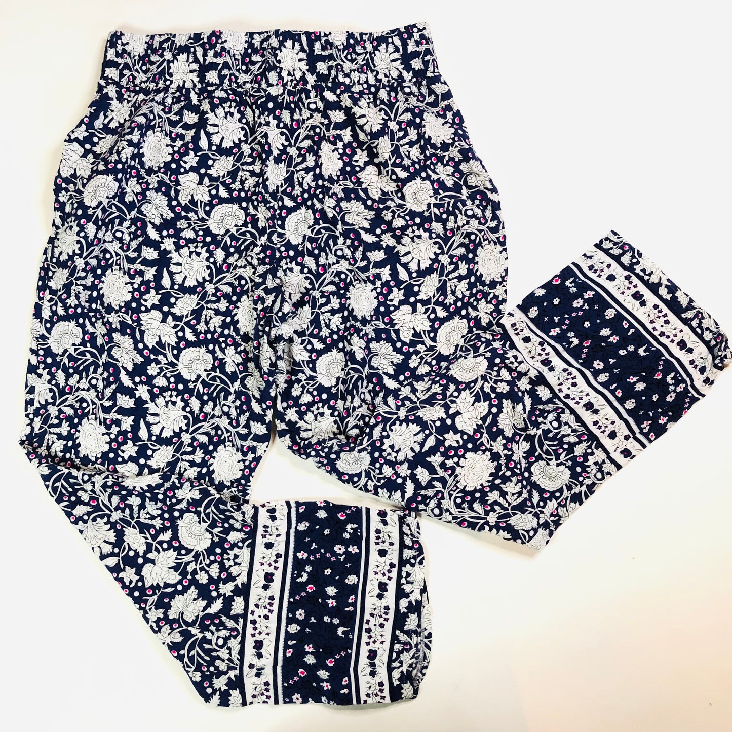 Joe Browns Navy Blue White Floral Casual Lightweight Summer Trousers Size 12/14
