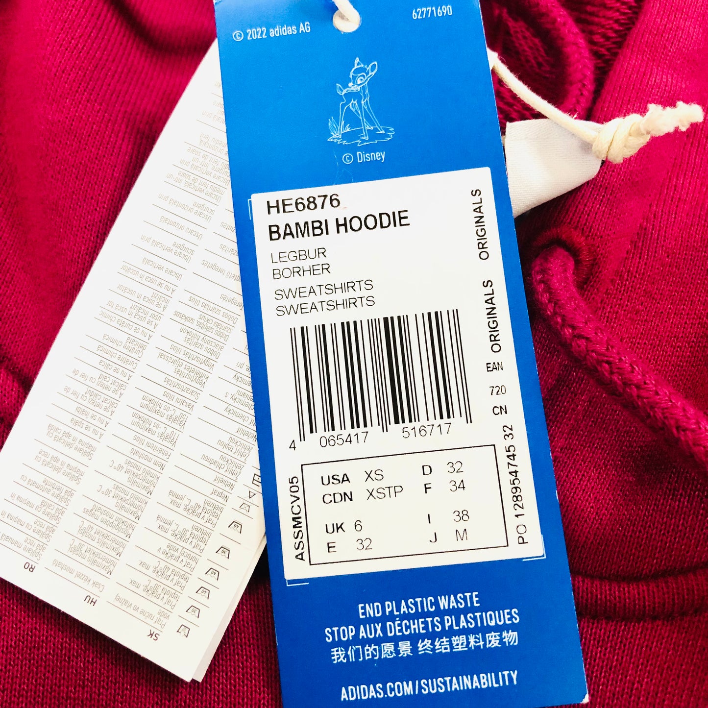 Adidas Originals X Disney Bambi Hoodie Sweatshirt Cropped HE6875 Burgundy Size 6