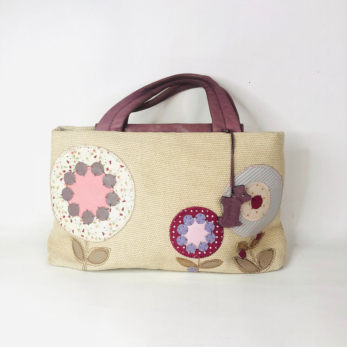 Radley Woven & Leather Beige Lavender Grab Bag Handbag Flower Appliqué Dog Charm