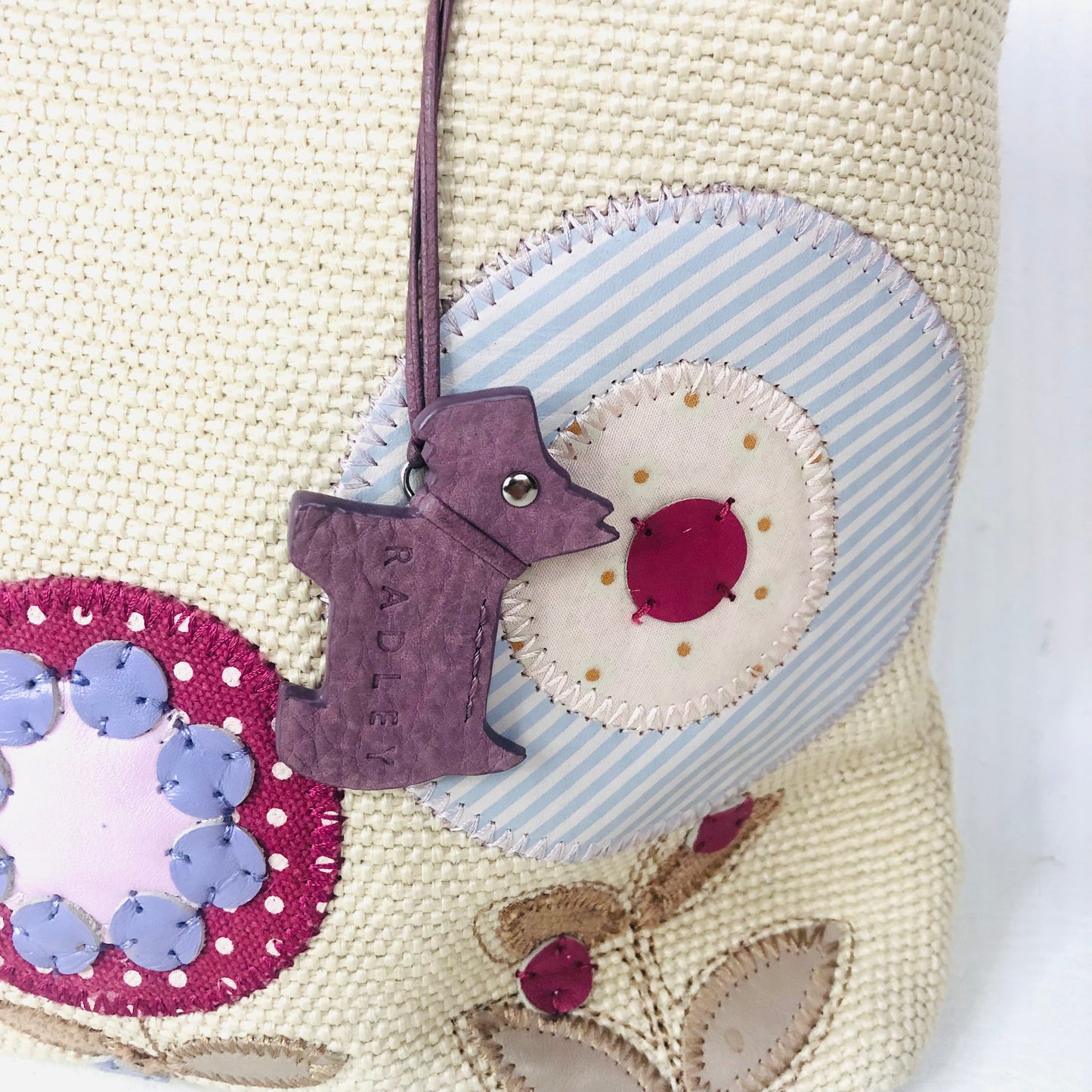 Radley Woven & Leather Beige Lavender Grab Bag Handbag Flower Appliqué Dog Charm