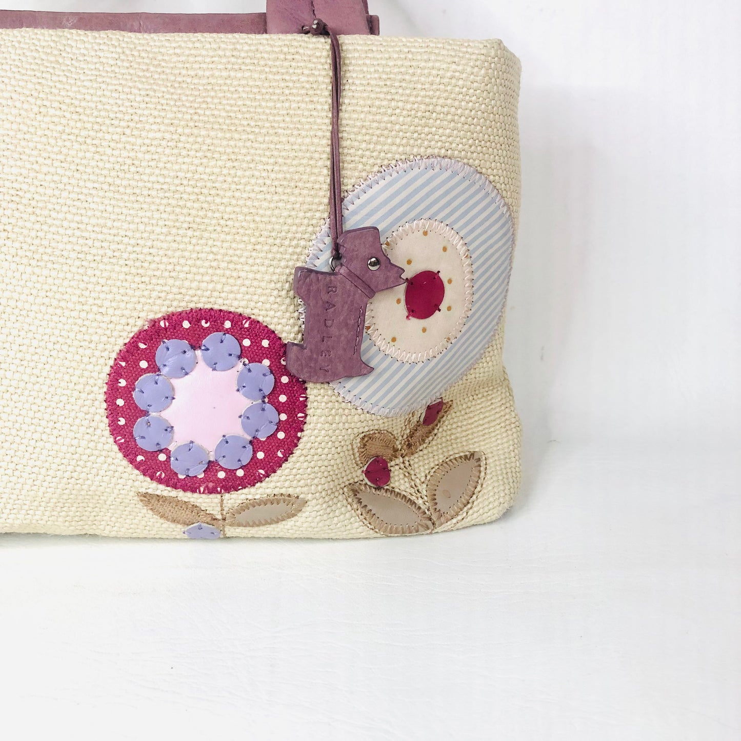 Radley Woven & Leather Beige Lavender Grab Bag Handbag Flower Appliqué Dog Charm